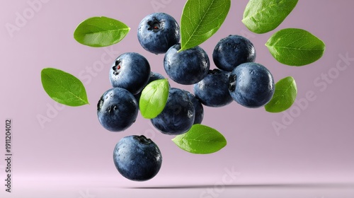 Scattered blueberries and green leaves flying against a soft purple background, showcasing high detail and ultra-photorealistic food photography with ample copy space on the left
