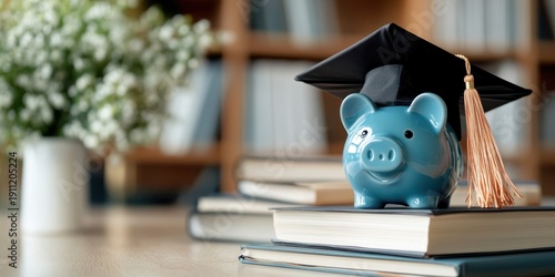 Graduation cap and piggy bank symbolize financial education and future savings