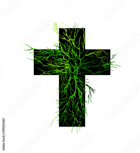 Religious cross made from tree branches. Hand drawn. Not AI, vector illustration