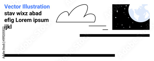 Science, technology, environment, creativity, astronomy, minimal design. Abstract cloud and starry night sky with text elements. Science and technology