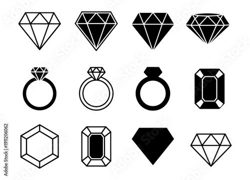 Diamond gemstone and ring jewelry icons set, luxury jewel crystal vector illustration isolated on transparent background