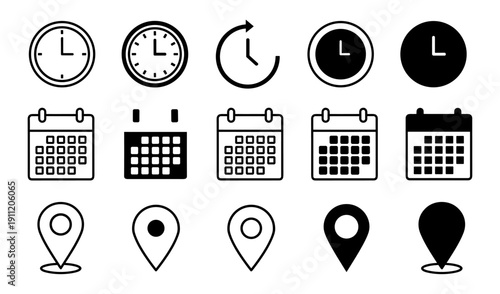 Clock calendar and time schedule icons set, date reminder timer and appointment vector illustration isolated on transparent background