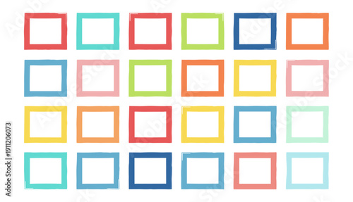 Colorful square brush frame borders set, hand drawn paint box template elements isolated on transparent background