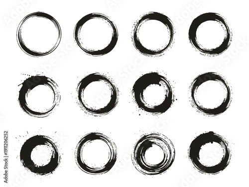 Grunge brush circle frames set, ink paint stroke round rings and splatter vector illustration isolated on transparent background