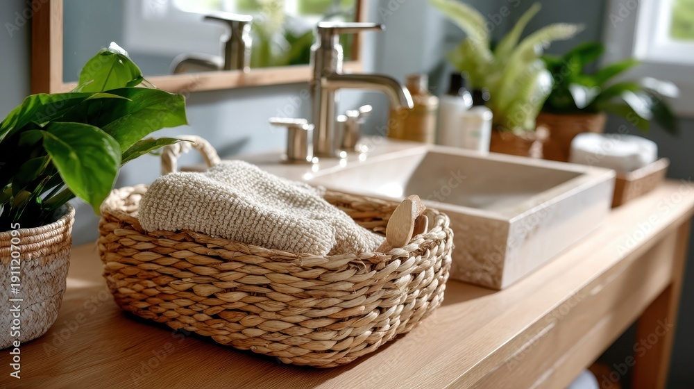 Fototapeta premium Boho contemporary bathroom vanity sink with elegant details