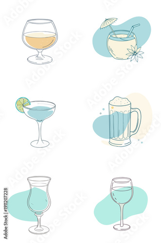 Refreshing cocktails and drinks in stylish glasses and glasses