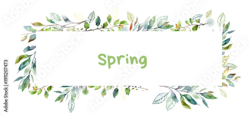 A horizontal frame with green watercolor branches. Spring Hand drawn. Not AI, vector illustration.