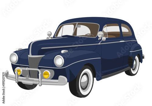 Classic 1940s Style Dark Blue Sedan - Vintage American Antique Car with Whitewall Tires and Chrome Details