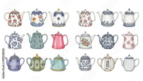 A charming watercolor collection of vintage teapots, including floral porcelain designs, patterned ceramic pots, decorative lids, and classic tea service details.