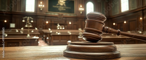 Gavel on a wooden table in a courtroom setting.