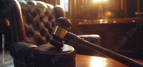 Gavel Resting on Leather Chair in Courtroom Setting.