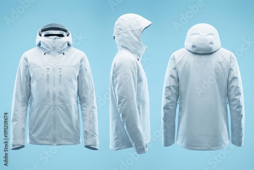 White ski jacket displayed from front, side, and back on a blue background