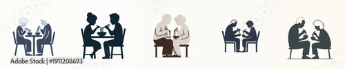 Silhouette Vector Illustration of a Elderly Couple Eating Noodles