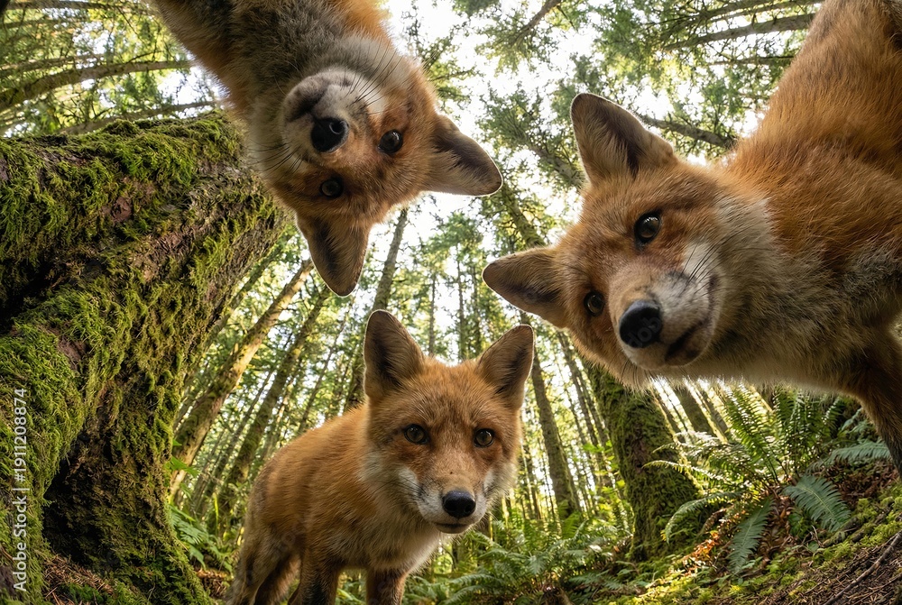 Obraz premium Three curious red foxes peer down into a forest with moss-covered trees