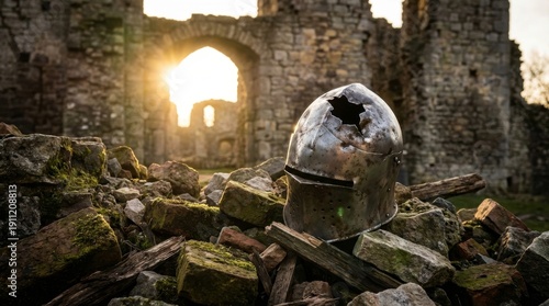 Damaged Medieval Helmet Amongst Ancient Ruins