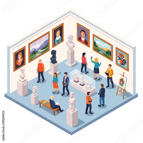 Isometric Art Gallery Museum Interior with Visitors Viewing Paintings and Sculptures.