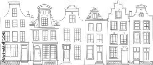 European historic townhouse facades illustration, vintage city architecture row houses sketch, classic urban buildings exterior line art streetscape design