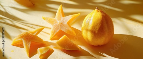 Star fruit and mango still life in warm light.
