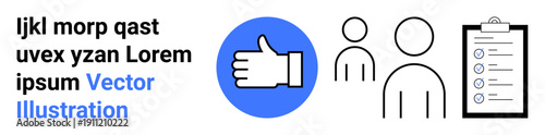 Social media, approval, team collaboration, evaluation, feedback, checklist. Thumbs-up icon, two user profiles and a checklist symbol. Social media and approval concept