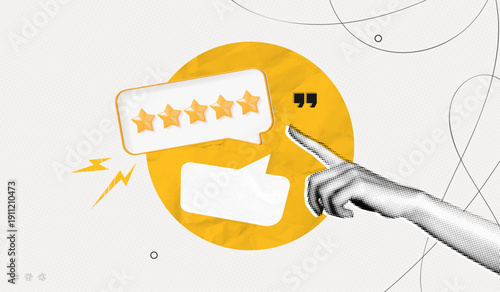 Trendy Halftone Collage Feedback or Rating concept. Hand with five star rating and speech bubble message. Quality customer rating. User rates. Contemporary vector illustration art