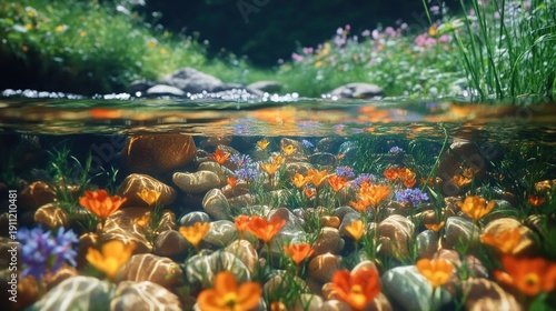 Underwater Garden - A Vibrant Display of Flowers and Stones.