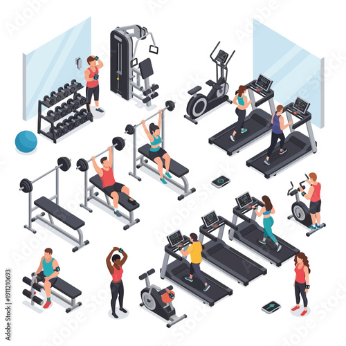 Isometric Gym Interior with People Exercising and Equipment.