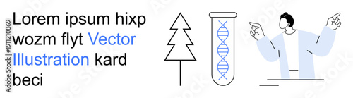 Science, genetics, biology, education, environmental research, presentation. Tree, test tube with DNA person gesturing. Genetics and biology concepts in a simple bold layout