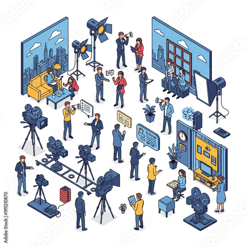 Isometric illustration of a film production set with crew and equipment.