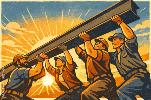 Four construction workers in hard hats lifting a large beam into place against a vibrant sunny sky with clouds.