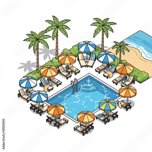Isometric Resort Poolside Oasis with Palm Trees and Beach.