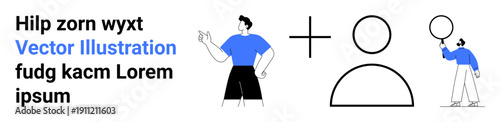 Confident character gesturing, followed by minimalist circular and user icons, and figure investigating with magnifying glass. Ideal for branding, teamwork, exploration, user research, innovation