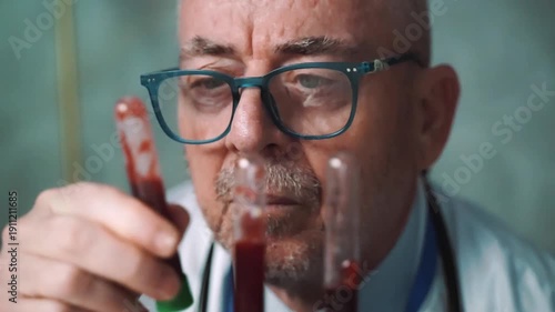 Senior male doctor or scientist examining several test tubes containing blood samples in a laboratory