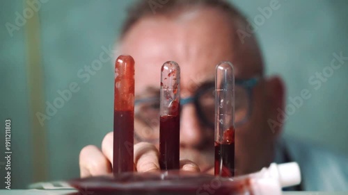 Male medical professional analyzing red liquid in laboratory glassware for research