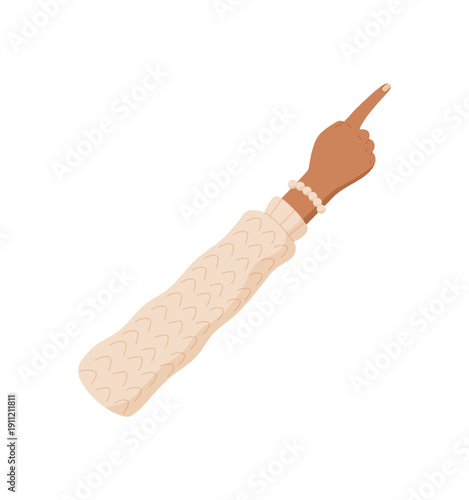 Flat hand gesture showing one finger. Human arm with raised finger representing number one. Isolated pose with sleeved arm, suitable for counting or educational concept.