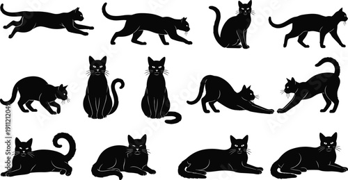 Cat silhouette set, walking, sitting, crouching, stretching, lying down, feline body language theme - flat vector illustration