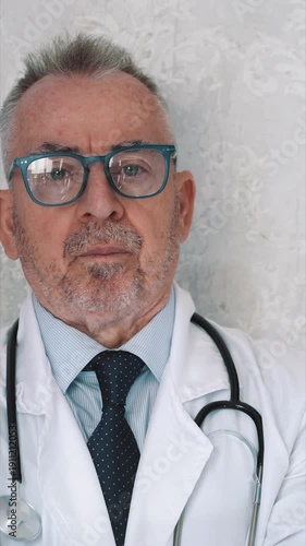Elderly caucasian doctor with a stethoscope and glasses looking seriously at the camera in a clinic