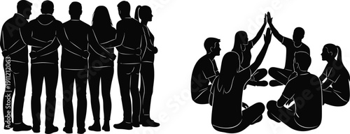 Community silhouette set, teamwork, unity, collaboration, group celebration, togetherness theme - flat vector illustration
