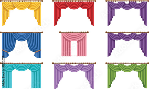 Decorative curtain set, colorful draping styles, pleated designs, theatrical stage curtains, interior decor inspiration - flat vector illustration