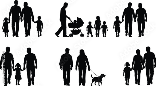 Family silhouette set, parents with children, stroller, dog walking, diverse family groupings, inclusive design - flat vector illustration