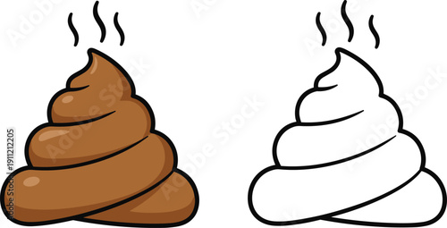 Poop emoji cartoon set, brown and white versions, smell lines, humorous design, comic style - flat vector illustration