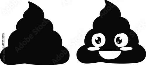 Poop emoji silhouette set, plain outline and cartoon face version, humorous design, expressive icon - flat vector illustration