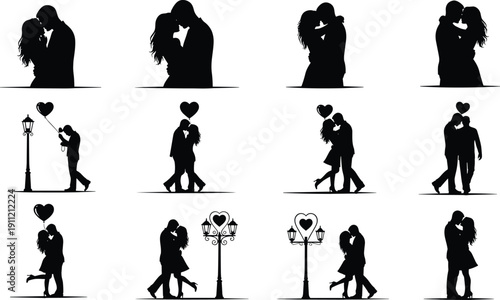 Romantic couple silhouette set, hugging, kissing, walking, heart balloons, street lamps, love theme - flat vector illustration