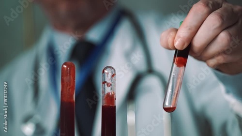 Doctor's hand shaking a test tube containing a blood sample in a medical laboratory