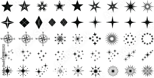 Star and compass rose icon set, sparkles, bursts, navigation symbols, decorative design theme - flat vector illustration