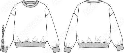 Sweatshirt technical flat sketch, crew neckline, ribbed cuffs and hem, dropped shoulder seams, front and back views - vector illustration