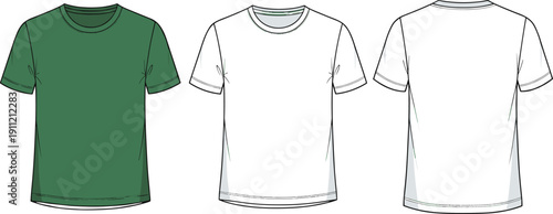 T-shirt illustration set, front and back views, crew-neck short sleeve, seam details, fashion apparel design - flat vector illustration