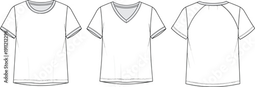 T-shirt technical sketch set, crew neck, V-neck, raglan sleeve, front and back views, seam details - flat vector illustration