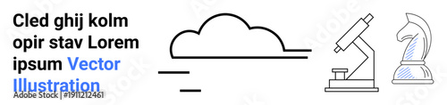 Science, education, technology, strategy, connectivity, research. Minimalist design with a cloud, microscope and chess knight. science innovation and connectivity concepts