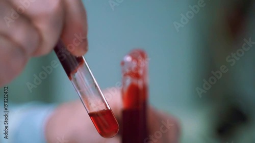 Close up of a scientist's hands working with a blood sample in a laboratory setting for analysis