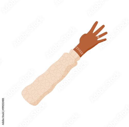 Cartoon hand gesture with fingers up shows number four. Brown hand in a sleeve expresses the count of four. Flat illustration featuring a counting theme, isolated and simple style, suitable for